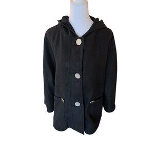 Magaschoni  Size 14, Black Jacket, Round Silver Buttons, Hood, Two Front Pockets
